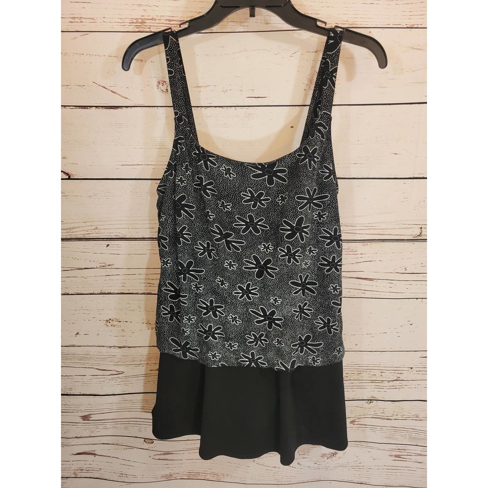 Beach‎ Cabana Black White Dots & Flower One Piece Swimsuit Women's Size Large